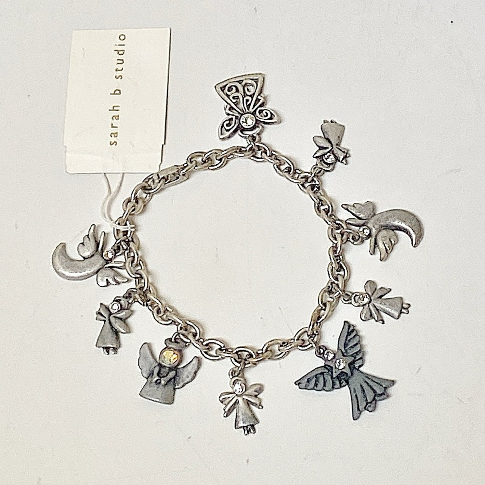 Sarah B Studio Guardian Angel Charm Bracelet Gunmetal Rhinestone 7.25”